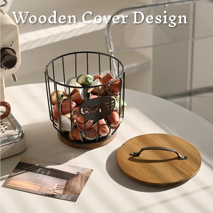 Metal Coffee Pod Holder Wire Coffee Pods Storage Basket Espresso Capsule Storage for Home Kitchen Cafe Hotel (Black with lid)