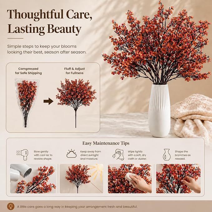 Mandy's Burnt Orange Artificial Baby’s Breath Flowers 6 Bundles Silk Gypsophila, 18.5 Inch European Style Modern Home Decor Centerpiece, Neutral Wedding Flower Arrangements