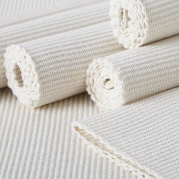 Encasa XO Dining Placemat Set of 6 | Solid Off White Color | Fine Ribbed Cotton Table mat | Size 19x13 in | Machine Washable