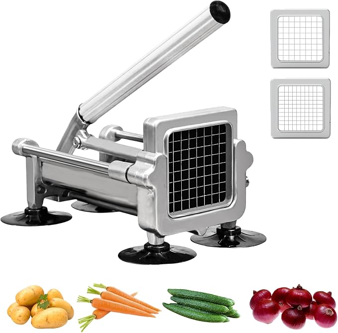 Commercial French Fry Cutter Stainless Steel.Potato Cutter for French Fries with 1/4 and 3/8Inch Blade, Commercial French Fry Cutter Manual Potatoes Cutting Machine with Suction Feet.