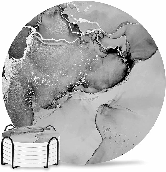 Coasters Set of 6 Black Marble Drink Coasters with Holder Absorbent Stone Ceramic Cup Mat Abstract Waves Cloud Coaster for Drinks Coffee Bar Office Kitchen Cafe Home Table Decor