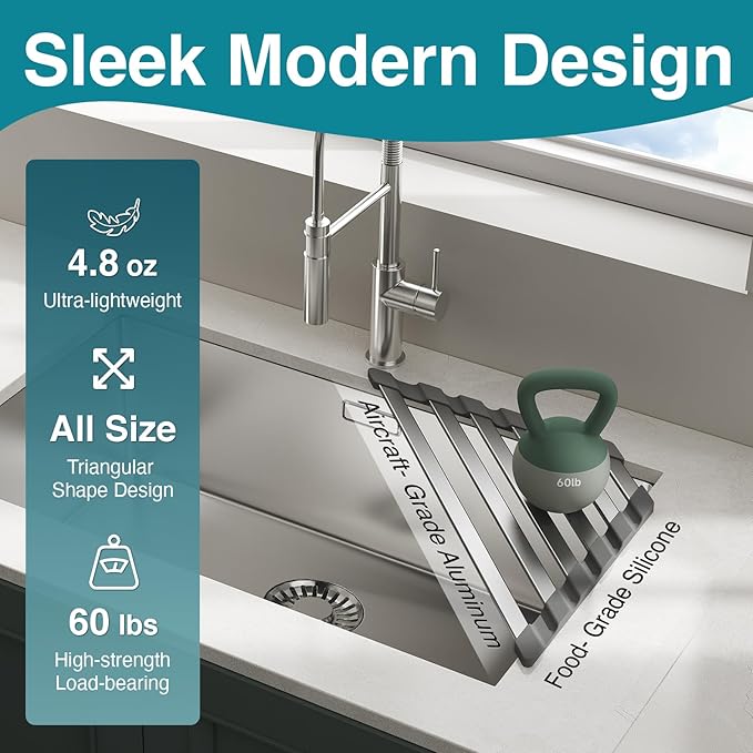 COOL-ANGLE Corner Sink Drying Rack, 16"x9.5" Rust-Proof Aluminum Triangular Dish Drainer, Heat Resistant Roll Up Mat for Kitchen Counter, Sponge Holder & Organizer with Non-Slip Silicone Base, Gray