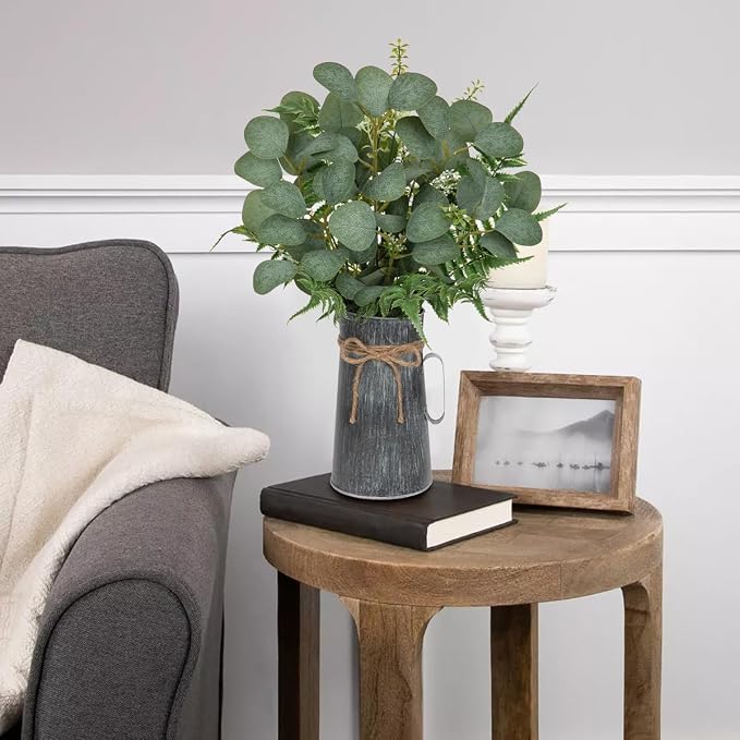 Lifelike Artificial Eucalyptus Plant in Rustic Metal Vase – 17.7" Realistic Faux Greenery for Farmhouse Home Décor, Living Room, Kitchen, Office, Weddings & Table Centerpieces
