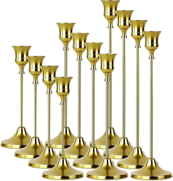 4 Sets(12 Pcs) Brass Tapered Candle Holder,Candlestick Tall Metal Candlestick Holders for Table Centerpiece Home Decor for Wedding Fireplace Mantel Housewarming Gift Fits 3/4 Inch Thick Candles