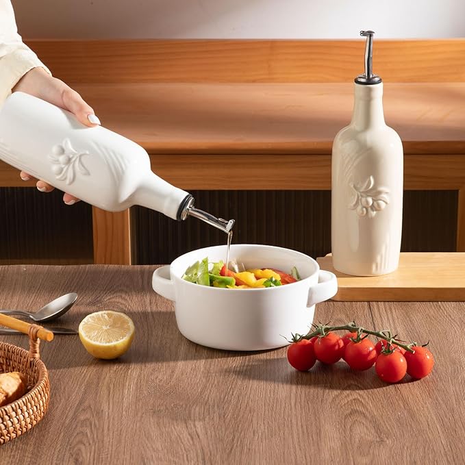 Sweejar Ceramic Olive Oil Dispenser Bottle, 17 FLOZ Oil Bottle with Spout，Porcelain Oil Dispenser for Kitchen,Cooking, Evoo, Vinegar, Soy Sauce, Pack of 1 (Beige)