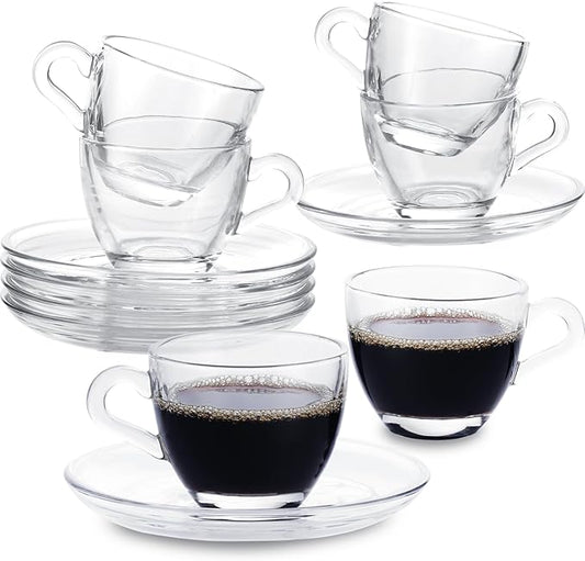 Glass Espresso Shot Cups with Saucers Set of 6, Clear Small Demitasse Cup with Stainless Steel Spoons, Dishwasher & Microwave Safe Tiny Coffee Mugs Only for Espresso, 2.5OZ/75M
