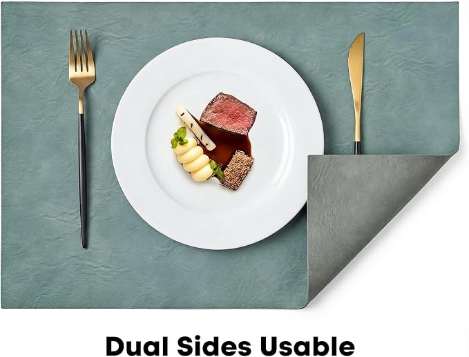 Artoid Mode Blue Faux Leather Placemats Set of 6, 12x18 Inch Waterproof Wipeable Heat Resistant Vinyl Place Mats, Reversible Table Mats for Winter Kitchen Dining Decor