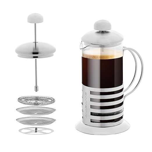 OVENTE French Press Coffee Maker 12 Ounce with Heat Resistant Borosilicate Glass, Stainless Steel Design and 4-Level Filter System, Portable Cold Brewer Pot for Travel, Camping or Gift, Silver FSH12S