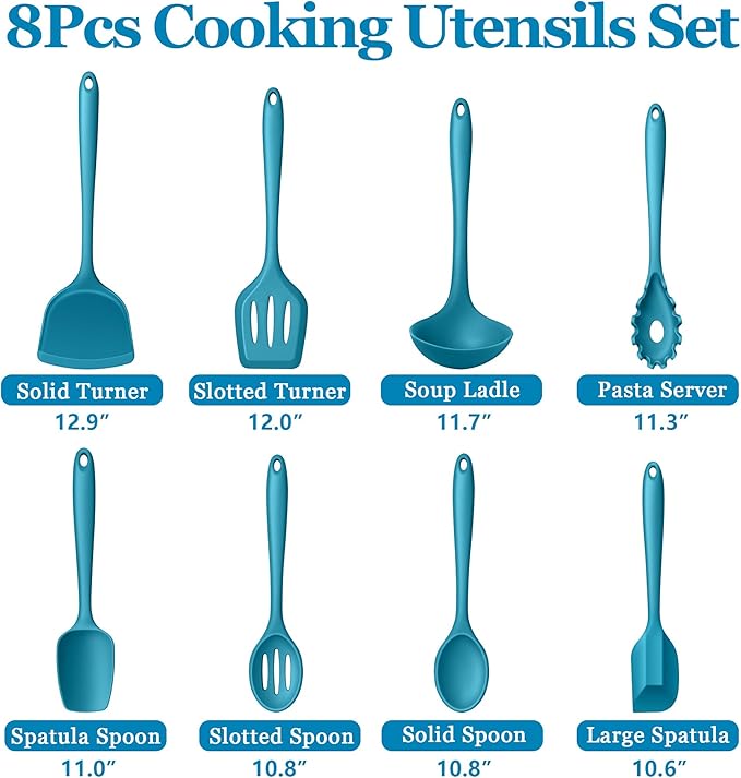 LIANYU 8Pcs Kitchen Utensils Set, Heat Resistant Spatula Set, Cooking Tools Gadgets for Nonstick Cookware, Includes Silicone Spatula, Ladle, Spoon Turner, Dishwasher Safe, Blue