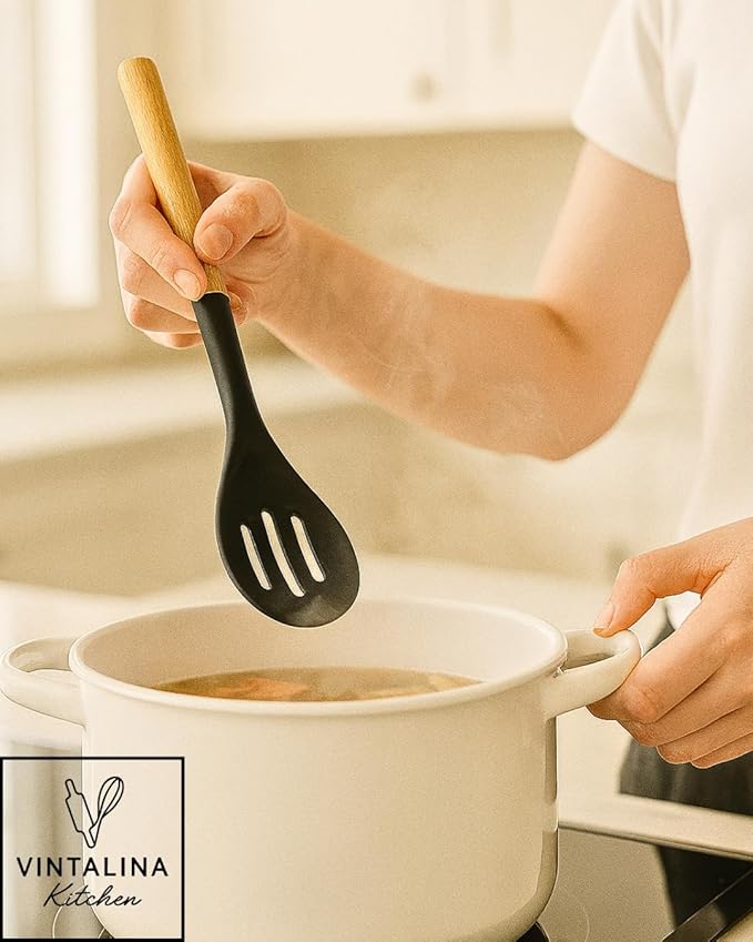 Silicone Cooking Kitchen Utensils Set – BPA‑Free, Non‑Toxic, Non-Stick, Heat‑Resistant to 446 °F, Non‑Scratch Wooden Handles + Utensil Holder (Black)