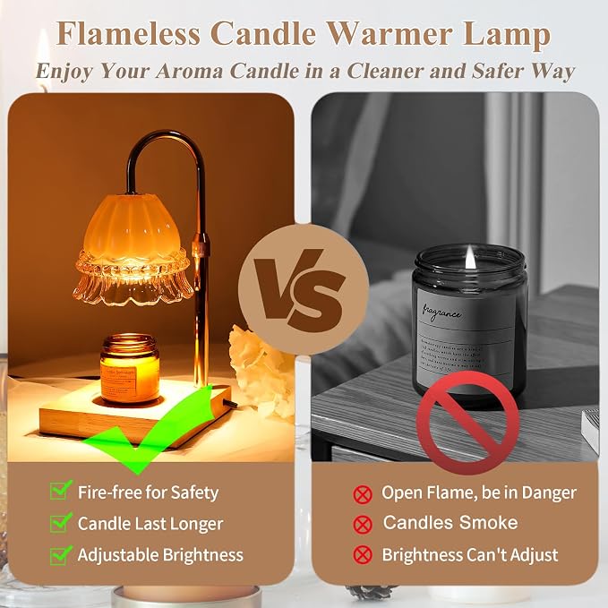 Glass Flower Lampshape Candle Warmer Lamp with Adjustable Height, Wax Burner Lamp with Timer and Dimmer, Wooden Base Candle Warmer, Women's Gifts (Amber)