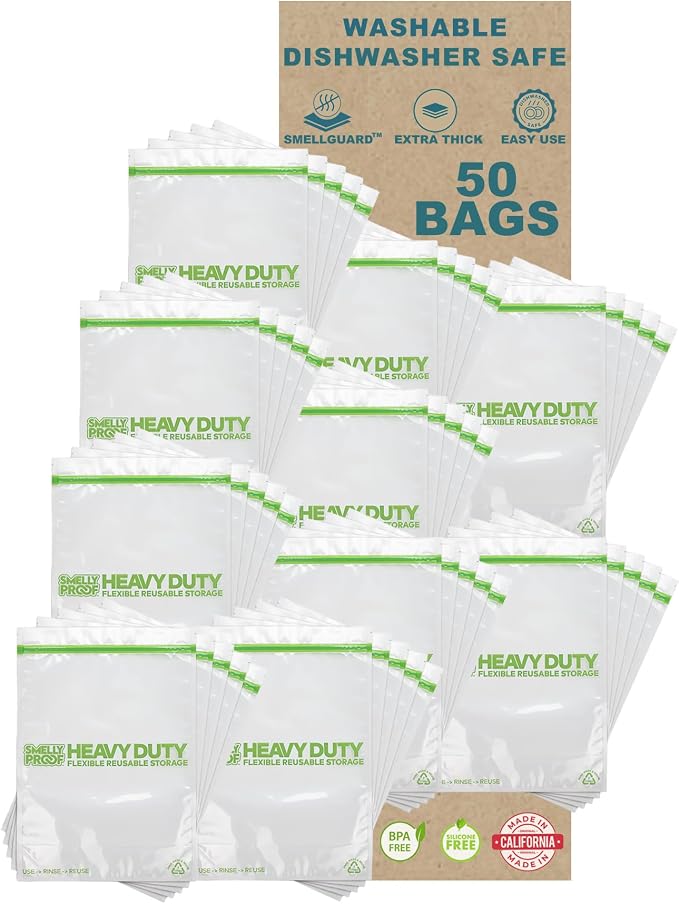 50 x HEAVY DUTY 5mils Thick Dishwasher-Safe STAND-UP Reusable Bags, US-MADE, Extra Durable Washable Reclosable Food Storage Extra Large Bags, XXL 12"x16" 2-Gallon 50-Pack