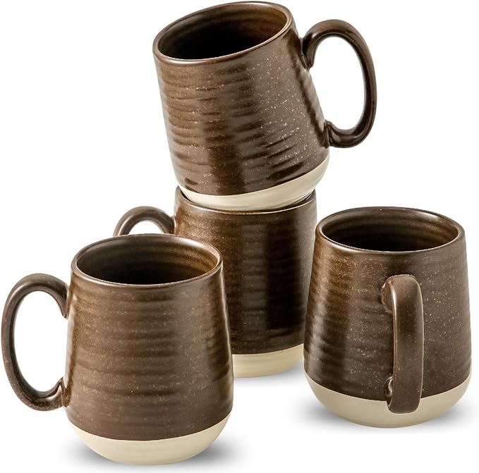 HASENSE Porcelain Coffee Mugs Set of 4-15 Ounce Large Ceramic Coffee Cups Set with Handle for Latte, Tea, Cocoa and Hot Chocolate, Brown Coffee Mugs for Men and Women, Microwave Safe