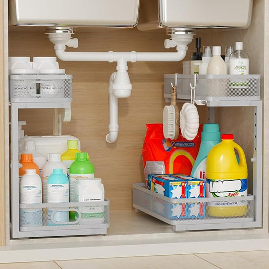 Under Sink Organizer 1 Pack, 2-Tier Slide Out Cabinet Organizer with Metal Sliding Drawer and Hooks, Pull Out Storage Baskets for Kitchen Bathroom Pantry Cabinet Organization (Gray (1 pack))