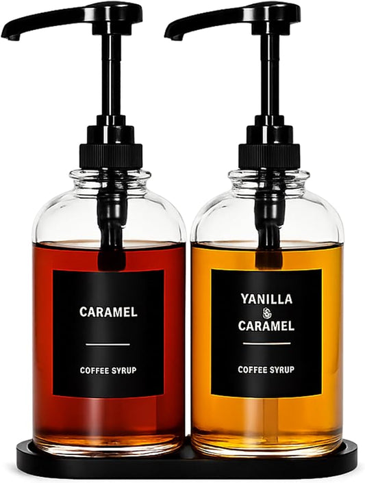 Coffee Syrup Dispenser for Coffee Bar, Glass Syrup Bottle with 1/4 oz Large Capacity Pump, Syrup Pump Dispenser with Pump for Coffee Station, Black with Tray,16.9oz, Set of 2