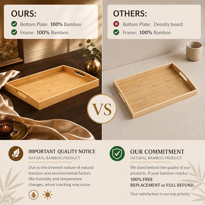 Bamboo Serving Tray Set of 2 with Handles, Rectangular Trays for Food | Solid bamboo trays with curved handles, raised edges; serve food, drinks, coffee, breakfast; nest for organizing & display.