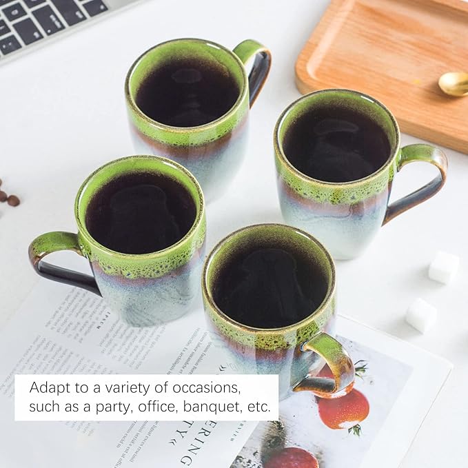 HENXFEN LEAD Coffee Mugs 10 Oz, Ceramic Cups with Large Handle for Coffee, Soup, Tea, Milk, Latte and Hot Cocoa, Mug Gift Set Microwave Oven Safe - Set of 4, Green