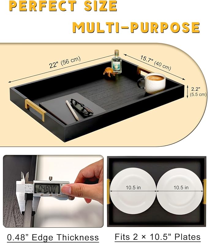 22" x 15.75" Black Wooden Serving Tray with Golden Metal Handles, Large Rectangular Wood Ottoman Tray for Living Room, Coffee Station, Ottoman Table