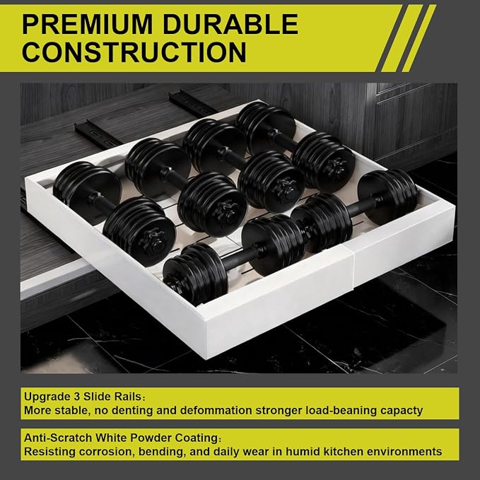 2-Pack Expandable Pull Out Cabinet Organizer 21" Deep with 3 Slide Rails, Adjustable Width (12"-22") Drawer Organizer for Kitchen Pantry Base Cabinets, Fixed with Roll Out Shelves Adhesive, White