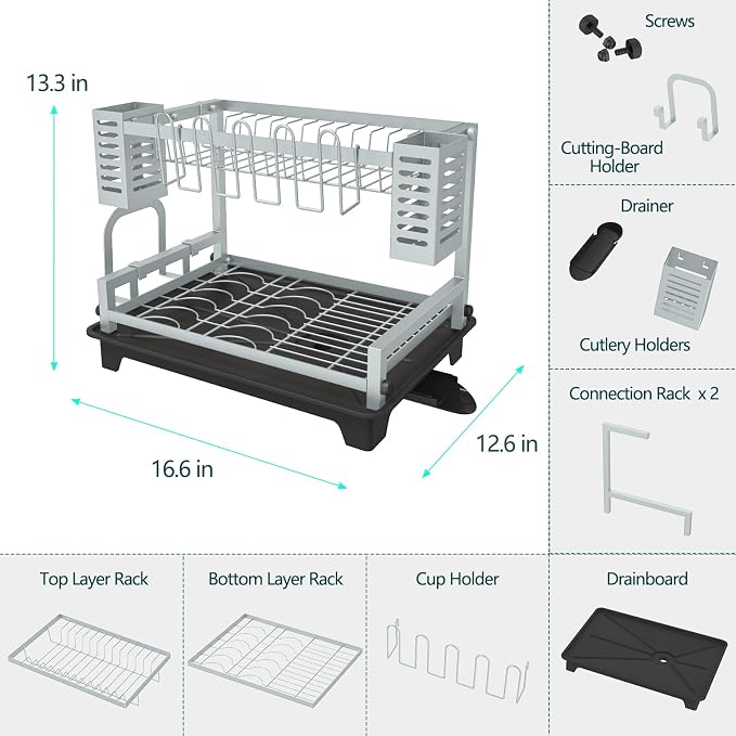 B-Land Dish Drying Rack, 2 Tier Dish Racks for Kitchen Counter, Large Dish Drying Rack with Drainboard & Utensil Holders, Rust-Proof Dish Drainers,Kitchen Organization