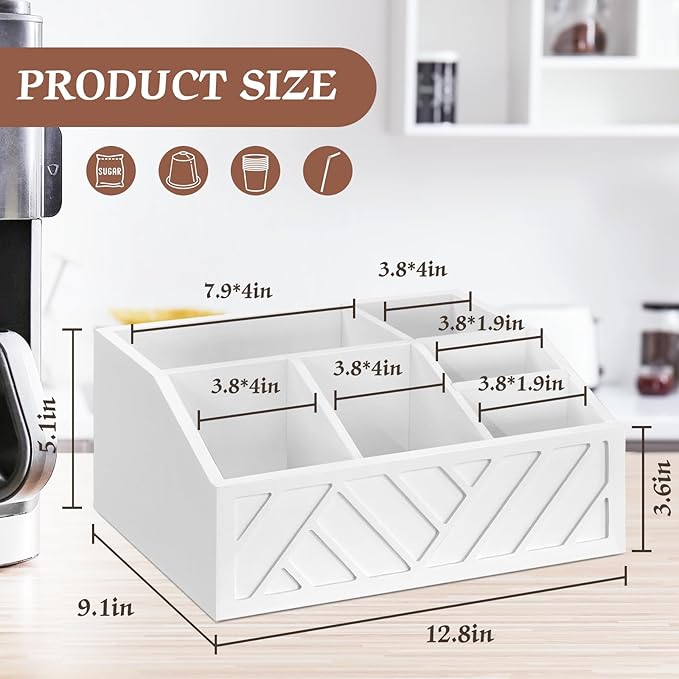 Wood Coffee Station Accessories - Coffee Bar Decor Organizer, Pod Syrup Holder, Condiment Organizer for Countertop (White)