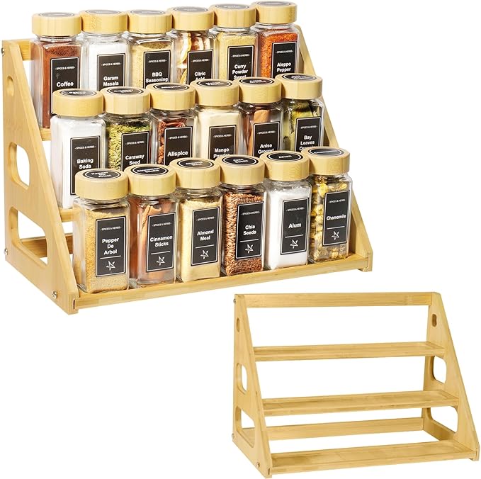 Spice Rack - Tiered Spice Rack Organization for Cabinet - 3 Tier Bamboo Display Spice Shelf for Countertop，Holds 24 Spice Jars