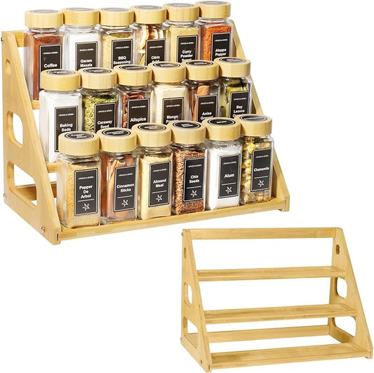 Spice Rack - Tiered Spice Rack Organization for Cabinet - 3 Tier Bamboo Display Spice Shelf for Countertop，Holds 24 Spice Jars