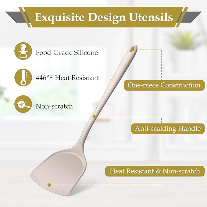 LIANYU 8Pcs Kitchen Utensils Set, Silicone Cooking Utensils Spatula Set for Nonstick Cookware, Include Silicone Spatula, Ladle, Turner, Spoon, Heat Resistant, Dishwasher Safe, Khaki White