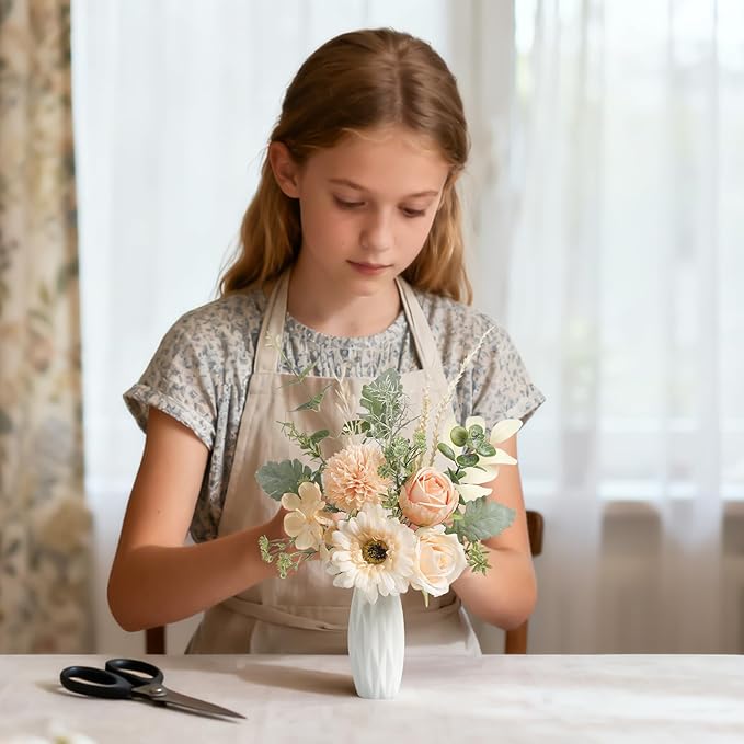 Small 11.8" Artificial Flowers in Ceramic Vase - Champagne Silk Flower Centerpiece for Dining Table, Office, Wedding & Farmhouse, Home Decor Gifts