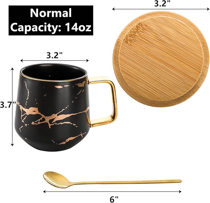 Peohud 2 Pack Porcelain Coffee Mugs Set, 14 OZ Marble Coffee Cups with Lid and Spoon, Large Tea Mugs for Latte, Cappuccino, Americano, Coffee Mugs for Couple, Novelty Engagement Gift