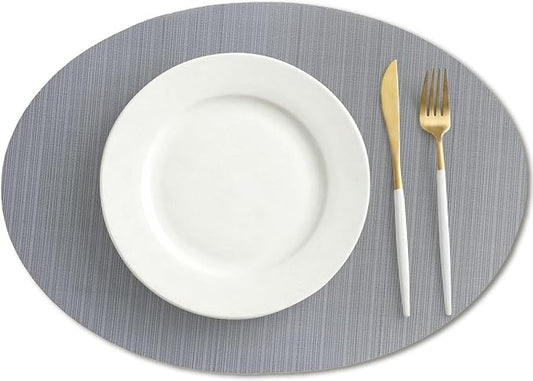 AHHFSMEI Oval Placemats Set of 6 Woven Vinyl Non-Slip Heat Resistant Stain Resistant Easy Clean Place mats for Dining Table(Grey)