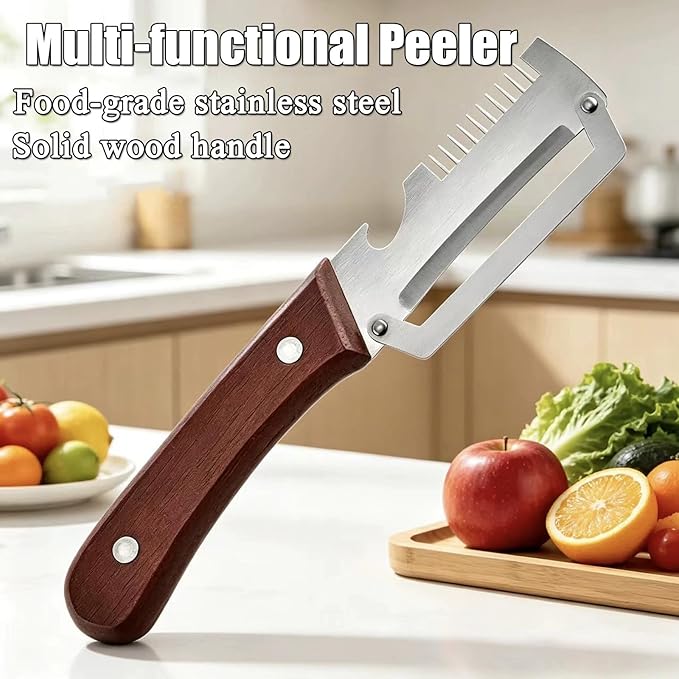 2026 Upgraded Multi-Functional Vegetable Peeler, Premium Vegetable Peeler with Wooden Handle and Bottle Opener, 3-in-1 Peeler & Bottle Opener for Fruit Potato Carrot Kitchen Gadget