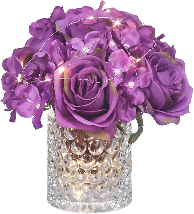 Rose Silk Flower Arrangement Artificial Vivid Rose in Glass Vase with LED Light Elegant Centerpiece for Home Wedding Bathroom Table Shelf Decoration (Purple)