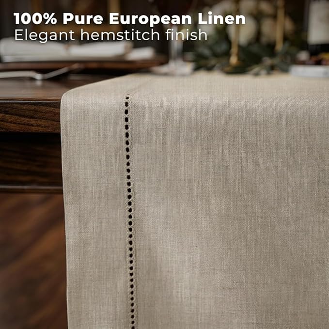 Signature Linen™ by D'Moksha Natural Table Runner 120 Inches Long, 100% Pure Linen, Hemstitch, 14 x 120 Inch Table Runner for Dresser, Dining- Summer, Father's Day
