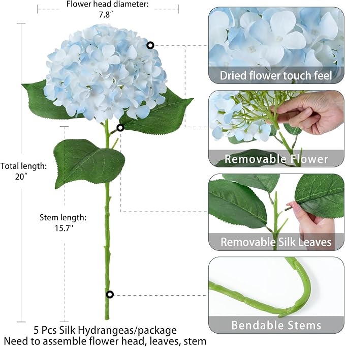 ZYTUYO 5 Pcs White & Light Blue Silk Hydrangeas Artificial Flower Boho Dried Touch 20'' Faux Hydrangeas for Indoor Home Decor Kitchen Living Room Outdoor Porch Wedding Flower Arrangement