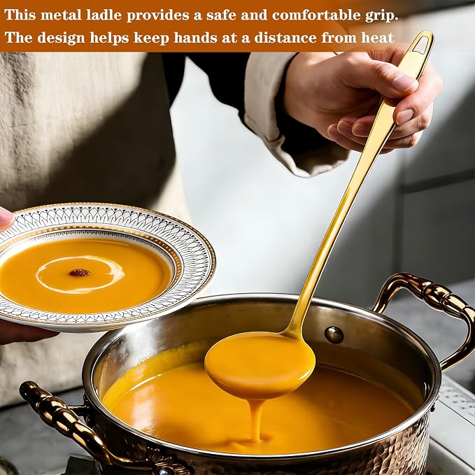 3 Pieces Gold Soup Ladle, 11.6" Metal Ladle Stainless Steel, Large Soup Spoon With Handle for Serving, Stirring, Cooking Spoon for Kitchen