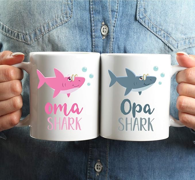 Andaz Press Baby Shark Family 11oz. Coffee Mug Gift Set, Oma Shark, Opa Shark, 2-Pack, Shark Do Do Do Gift Idea Birthday Christmas Ideas Oma Mug Opa Mug Opa Coffee Mug Oma And Opa Christmas
