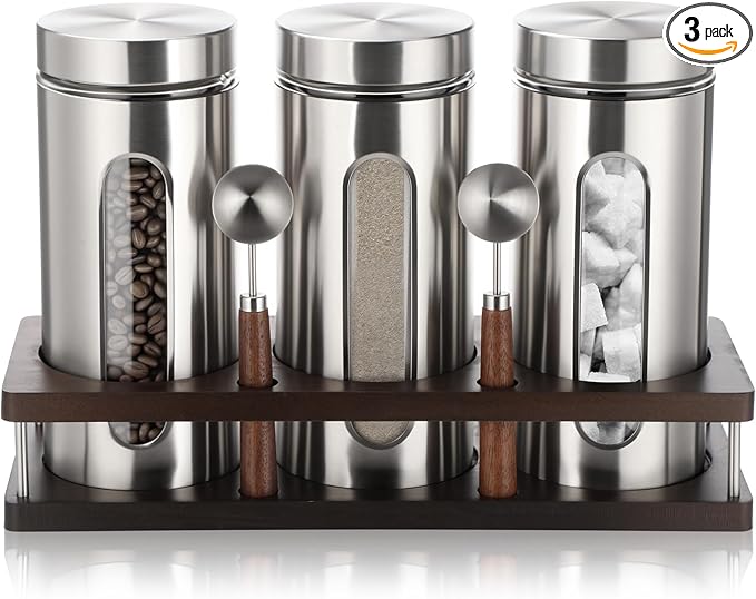 Suclain Stainless Steel Coffee Grounds Canisters with Shelf 3 x 50oz Sugar Coffee Bean Storage Container with Airtight Threaded Lid Glass Window Scoop Kitchen Jar Set for Bar Creamer Nut Tea