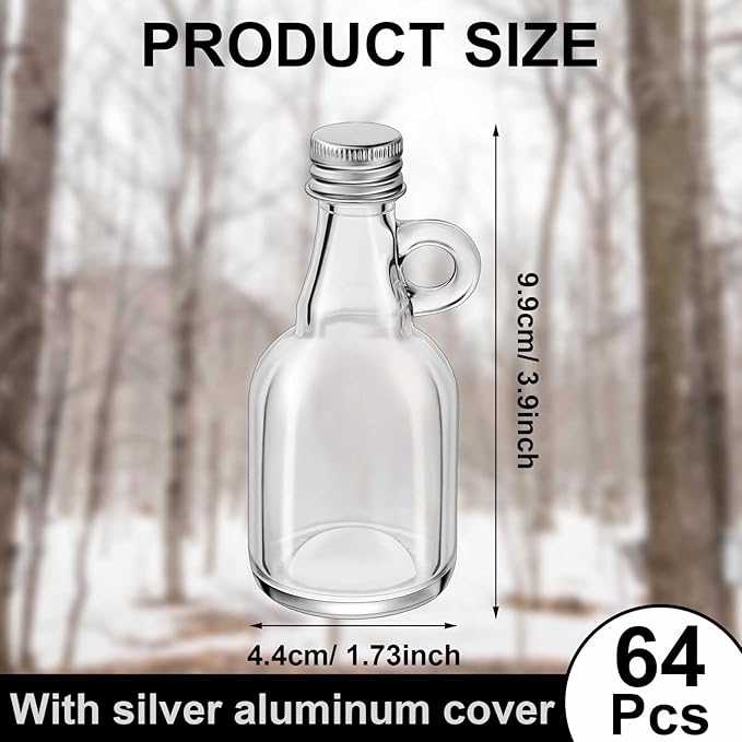 Suclain 64 Pcs 1.7oz Mini Glass Syrup Bottles Small Syrup Jars with Loop Handle and Lids Clear Glass Reusable Maple Jars Container Stout Sample Bottle for Potion Juice Milk Storage Sauce Oil