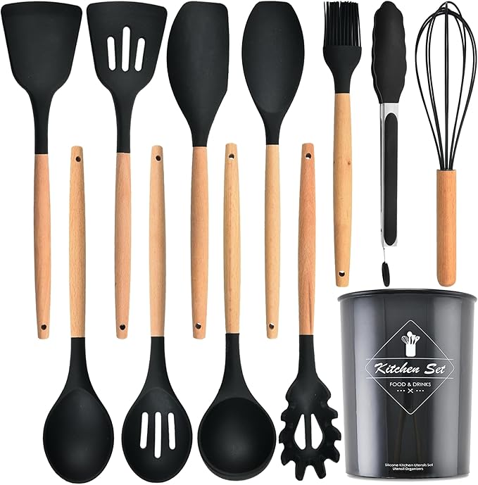Kitchen Utensils Set,Kitchen Cooking Utensils Set,Spoon,Spatula,446℉ Heat Resistant 12-pcs Non-stick Food Grade Silicone and Wooden Handles,Kitchen Tools Set(Black)