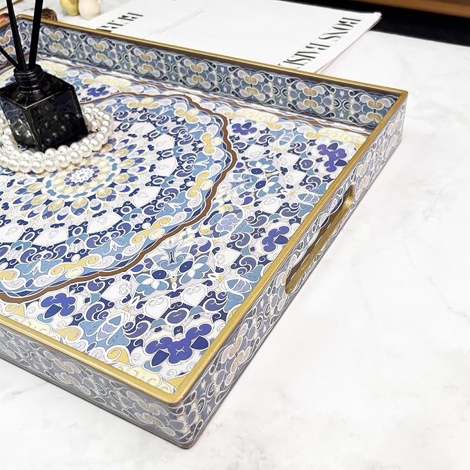 Blue Decorative Tray, Serving Tray with Handles, Plastic Large Tray for Coffee Table, Living Room, Decor, 15.7”*11.8”*1.6"