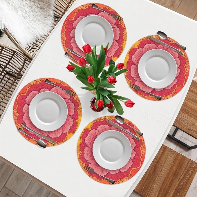 Round Placemats Set of 4, Pink Orange Flowers Woven Placemats Mats Non-Slip Heat Resistant Washable Table Mats Round Braided Place for Farmhouse Kitchen Dining Party Decor 15in