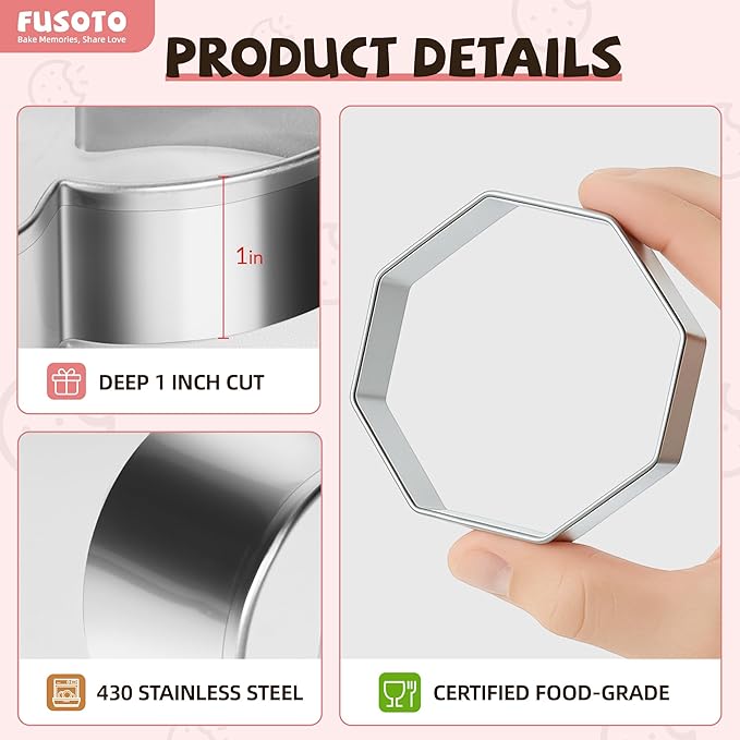 FUSOTO 6PCS Octagon Cookie Cutters Set, Stainless Steel Kitchen Baking Supplies, for Biscuit, Homemade Cookies, Cake Decorating, Geometric Cookie Cutter, (1.5", 2", 2.5", 3", 3.5", 4"), Octagon