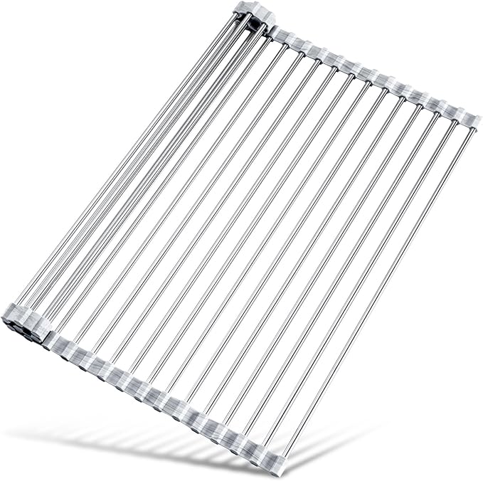 Tomorotec Stainless Steel Roll-Up Dish Drying Rack Marble Color Silicone Edges, Foldable Kitchen Rack Heat Resistant Trivet Supports up to 70 lbs, Food Safe for Dishes, Cookware & More