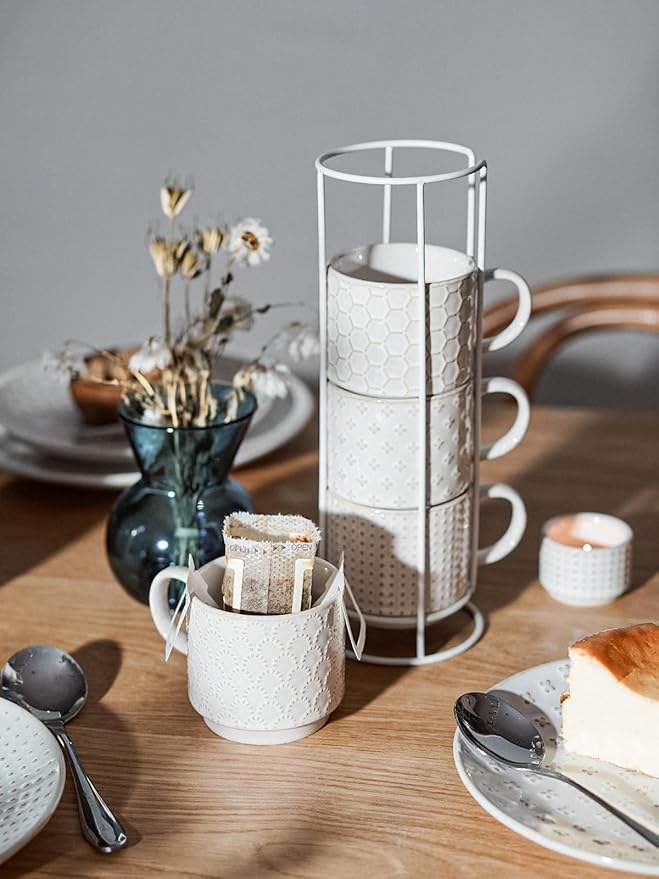 LE TAUCI Stackable Coffee Mugs Set with Stand, Ceramic Espresso Cups for Au Lait, Cappuccino,Latte,Cafe,Mocha,Tea, Suit For Housewarming Wedding- 8 oz, Set of 4,Arctic white