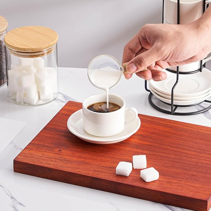 Cappuccino Cups Set of 4, 8oz Stackable Coffee Cups Set with Saucers and Metal Stand, White Coffee Mugs and Saucers for Cappuccino, Latte, Americano and Tea