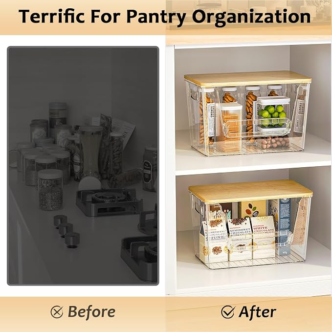 Delamu 4 Pack Pantry Organizers and Storage,Trash Bag Dispenser with Bamboo Top,Stackable Trash Bag Dispenser Under Sink Organizer for 4-30 GalBags,Onion,Potato,Fruits,Clear