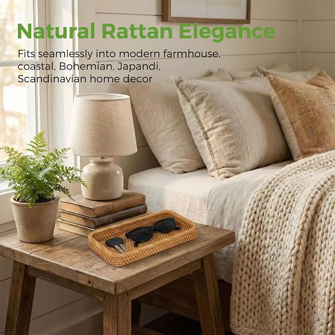 Small Rattan Serving Tray, Natural Wicker Decorative Tray for Trinket Ring Cosmetic, Rectangular Keys Basket Jewelry Perfume Trays for Coffee Table Entryway Living Room(10" × 5.1")