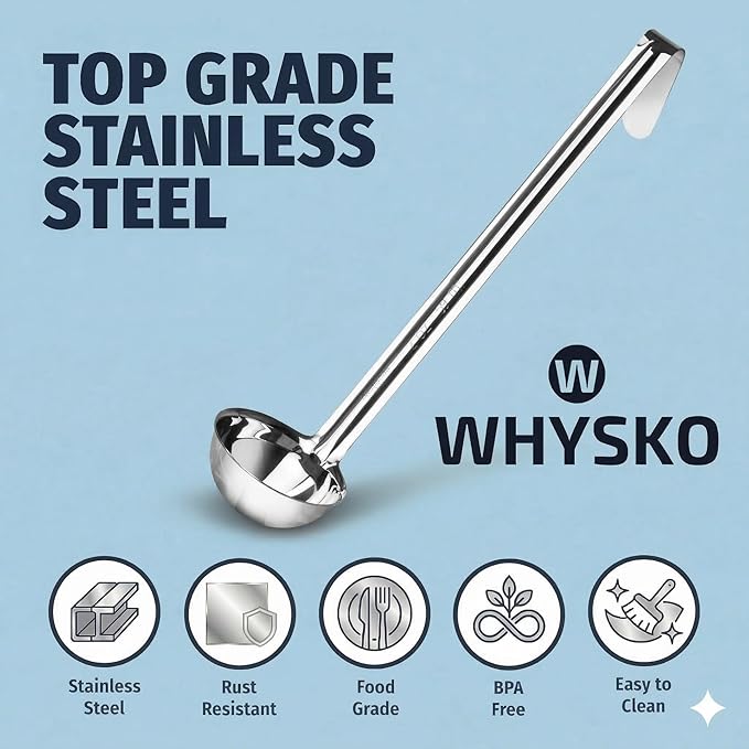 Whysko Soup Ladle Stainless Steel, 2 oz Metal Ladle Spoon, Rustproof Heat Resistant Materials for Cooking and Serving Soups and Sauces, Commercial Grade for Restaurants Catering and Kitchen Essentials