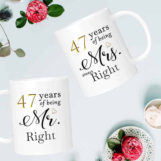 47th Anniversary Coffee Mugs Set of 2, 47 Year Anniversary Wedding Gifts Decorations for Couple Parents Grandparents Men Women Husband Wife Him Her, Gift Box Packaging, 11oz